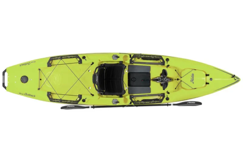 Slide: The Image of 2023 Hobie Outback kayak, top view, lime green, with paddle and storage compartments. - 14