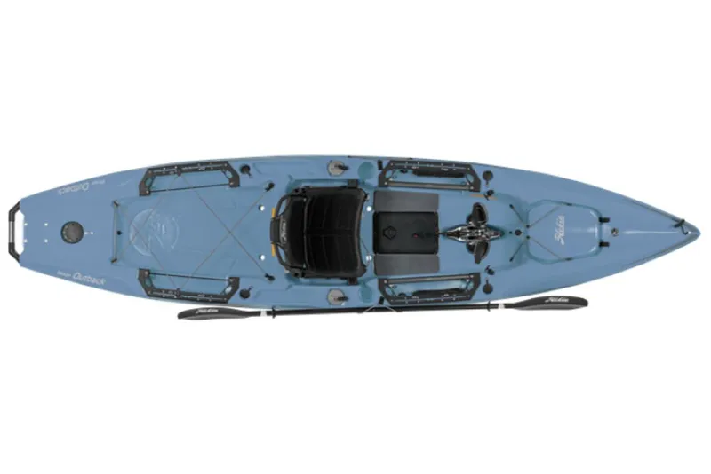 Slide: The Image of 2023 Hobie Outback kayak, top view, blue color, with paddle and storage compartments. - 15