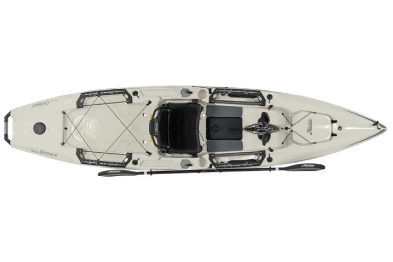 Slide: The Image of 2023 Hobie Outback kayak, top view, beige color, equipped with seat and storage areas. - 16