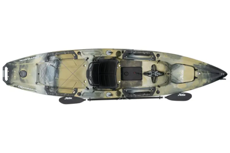 Slide: The Image of 2023 Hobie Outback kayak, top view, olive green and black, with paddle and storage compartments. - 17