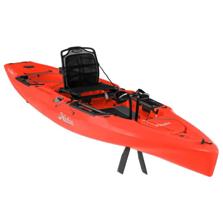 Slide: The Image of 2023 Hobie Outback kayak in bright orange with adjustable seat and pedal drive system. - 6