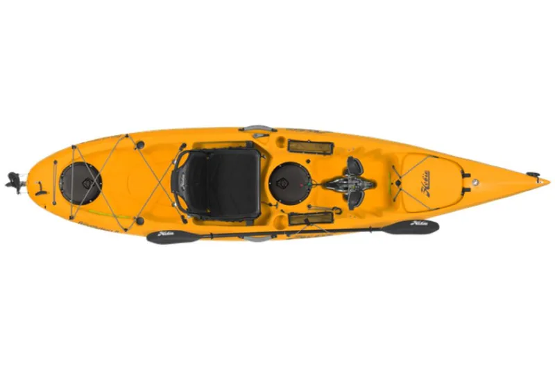 Slide: The Image of 2023 Hobie Revolution 11 kayak, top view, yellow, with pedal drive system. - 11