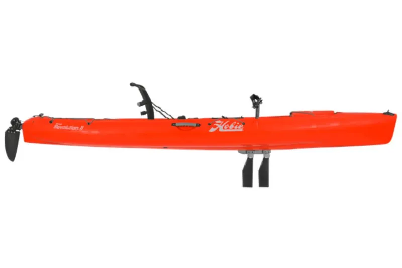 Slide: The Image of 2023 Hobie Revolution 11 kayak, side view, bright orange. - 18
