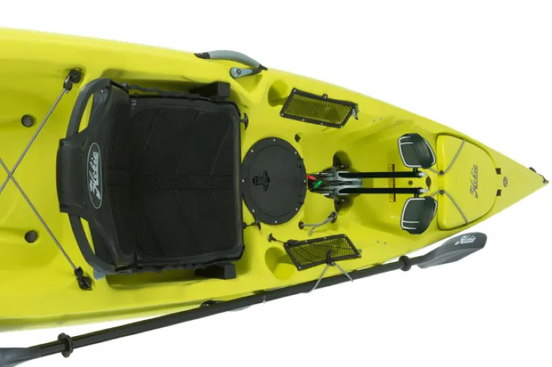 Slide: The Image of 2023 Hobie Revolution 11 kayak, top view, yellow, with seat and paddle. - 21