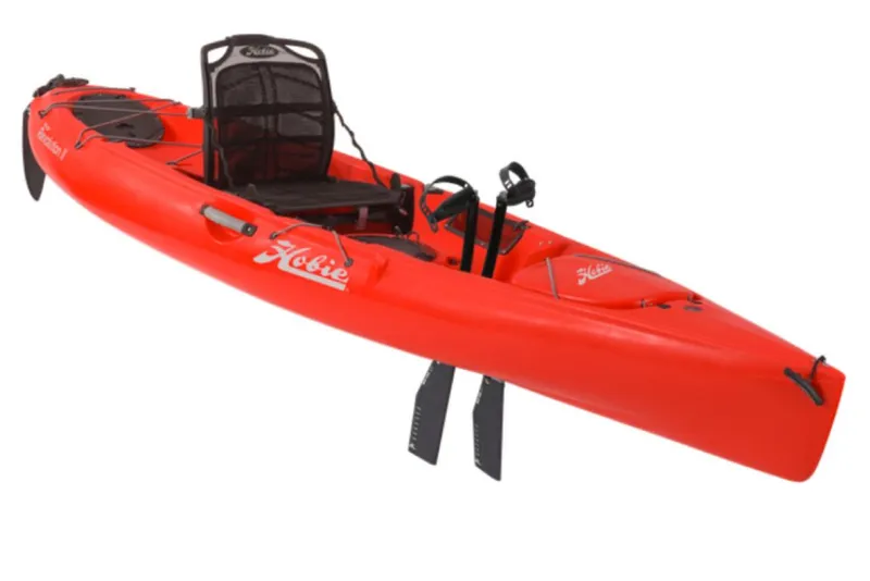Slide: The Image of 2023 Hobie Revolution 11 kayak in bright red with adjustable seat and pedal drive system. - 9