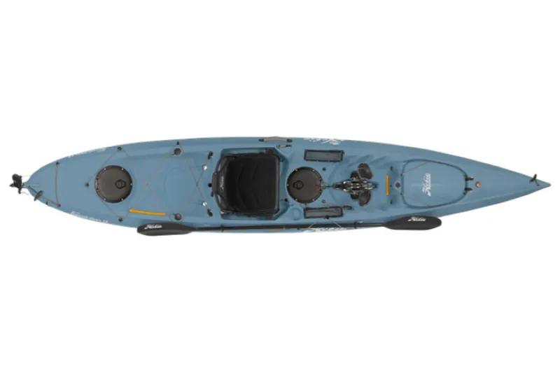 Slide: The Image of 2023 Hobie Revolution 13 kayak, top view, blue color, featuring pedal drive system and storage hatches. - 14