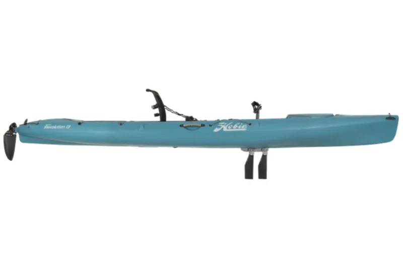 Slide: The Image of 2023 Hobie Revolution 13 kayak, side view, blue color. - 22