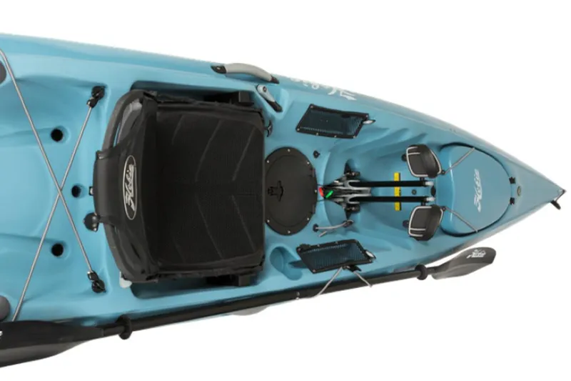 Slide: The Image of 2023 Hobie Revolution 13 kayak, top view, blue color, featuring adjustable seat and pedal system. - 28