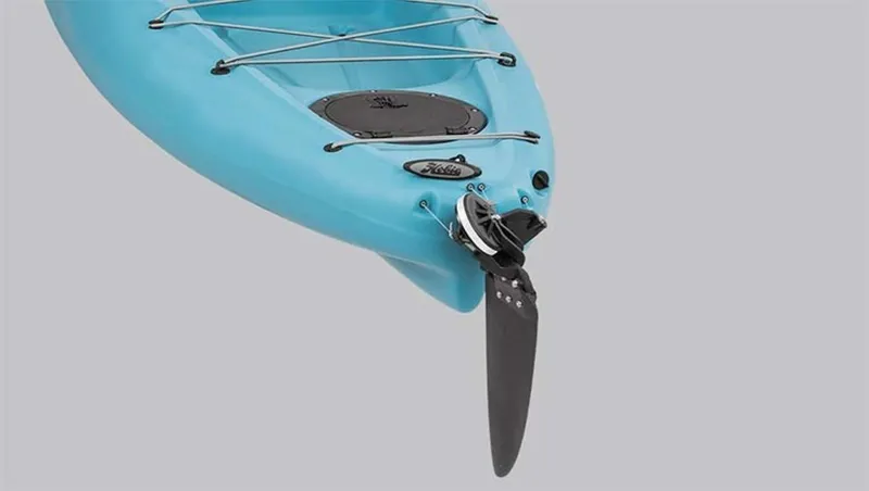 Slide: The Image of 2022 Hobie Mirage Oasis kayak, blue, rear view with rudder and storage hatch. - 19