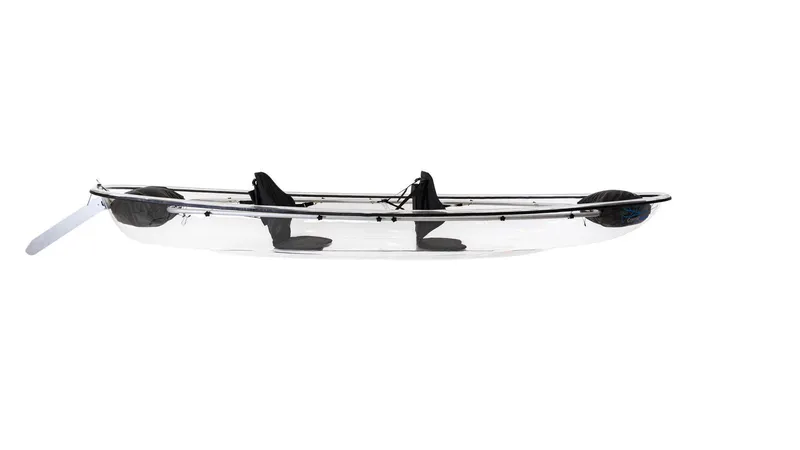 Slide: The Image of Clear Crystal Kayak Explorer 2023 model, transparent design, side view. - 2