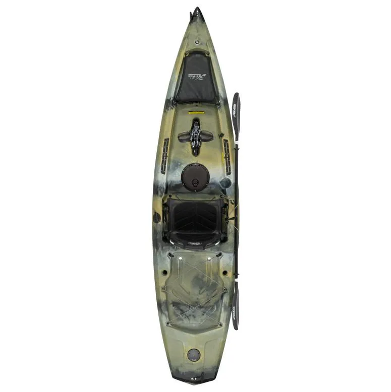 Slide: The Image of 2023 Hobie Compass kayak, top view, green and black color scheme, with paddle and storage compartments. - 15