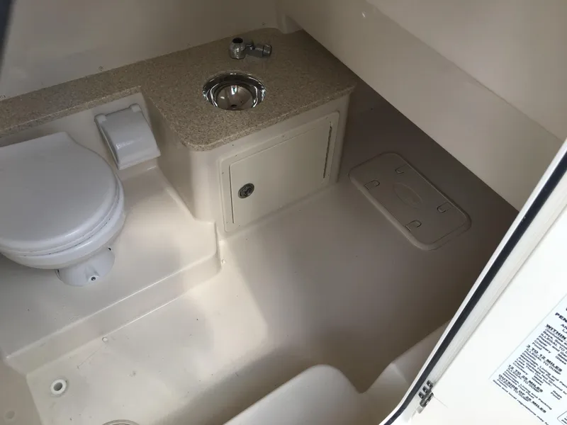 Slide: The Image of Interior of 2026 Sea Chaser 35 HFC boat bathroom with sink and toilet. - 16