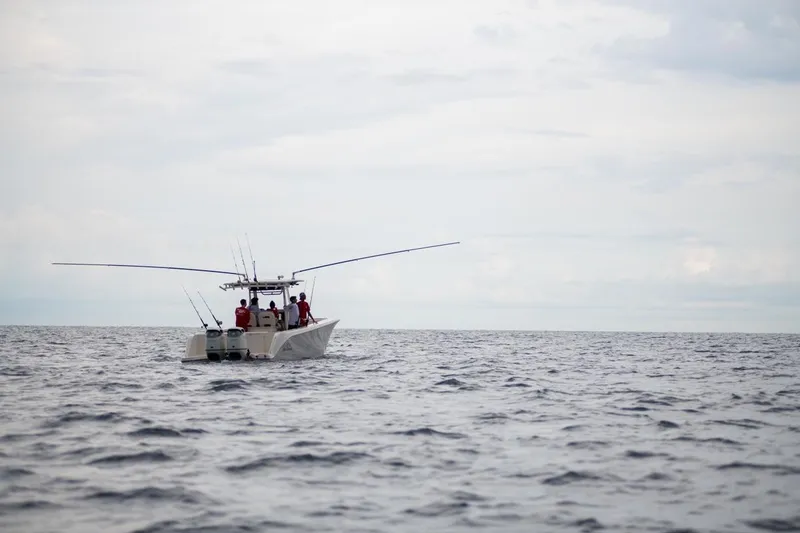 Slide: The Image of 2026 Sea Chaser 35 HFC boat on open ocean with fishing rods. - 41