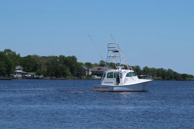 Slide: The Image of Henriques 50 EXHT 2025 boat cruising on a calm lake near a wooded shoreline. - 14