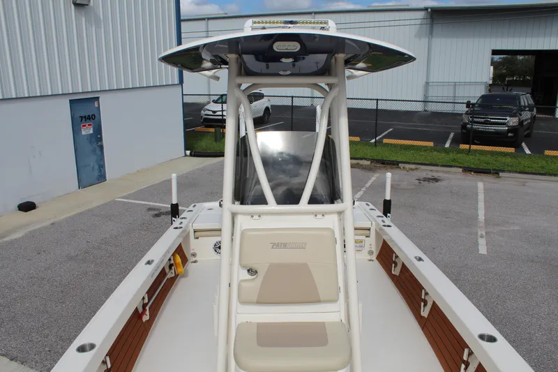 Slide: The Image of 2017 Pathfinder 2500 Hybrid boat in parking lot, front view. - 28