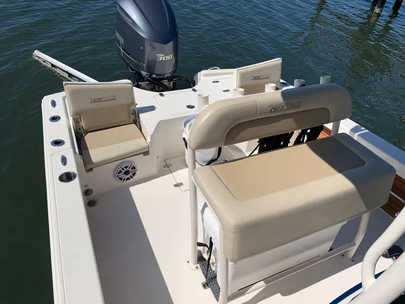 Slide: The Image of 2017 Pathfinder 2500 Hybrid boat interior with seating and Yamaha 300 engine. - 41