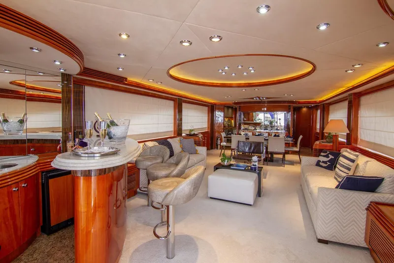 Slide: The Image of Luxurious interior of a 2002 Sunseeker 105 Yacht with elegant seating and ambient lighting. - 8