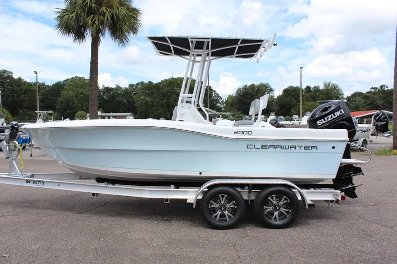 Slide: The Image of 2024 Clearwater 2000 CC boat on trailer with Suzuki outboard motor. - 17