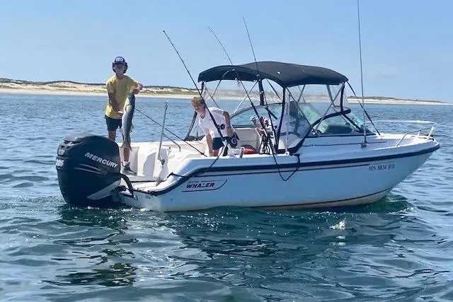Slide: The Image of 2005 Boston Whaler VENTURA 210 boat on water, people fishing, clear sky, scenic background. - 3