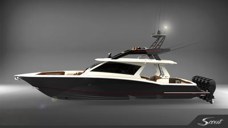 Slide: The Image of 2024 Scout 530 LXF luxury boat with sleek design and modern features. - 1