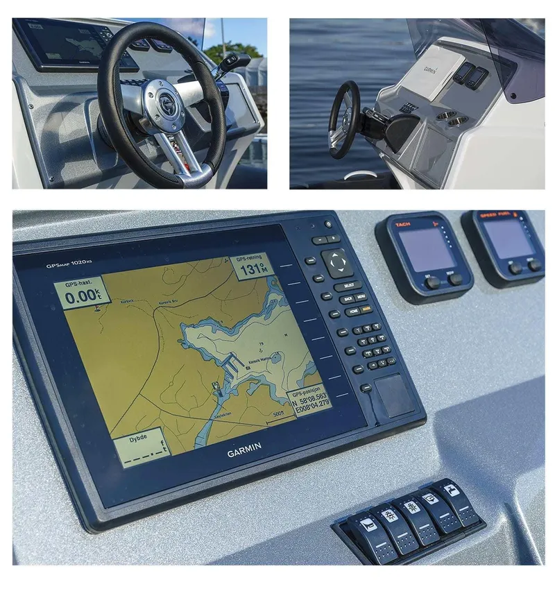 Slide: The Image of 2024 Grand Inflatables G850 boat dashboard with Garmin navigation system and control panel. - 7