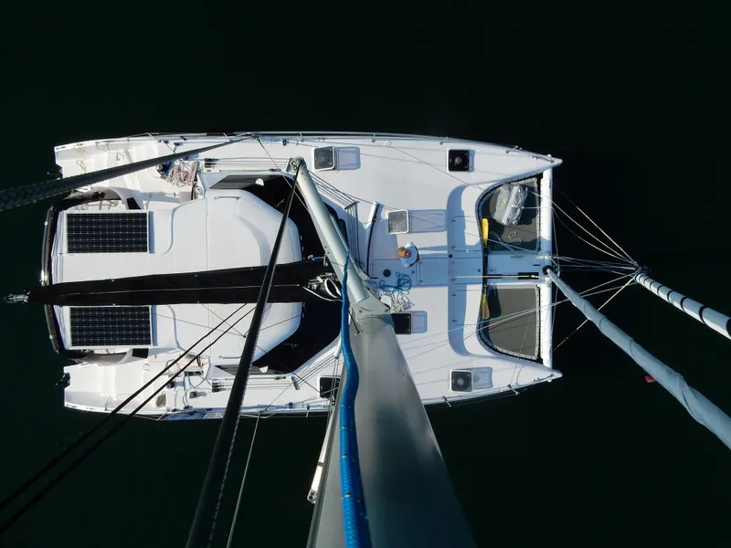 Slide: The Image of Overhead view of 2025 Seawind 1190 Sport catamaran with solar panels on deck. - 4