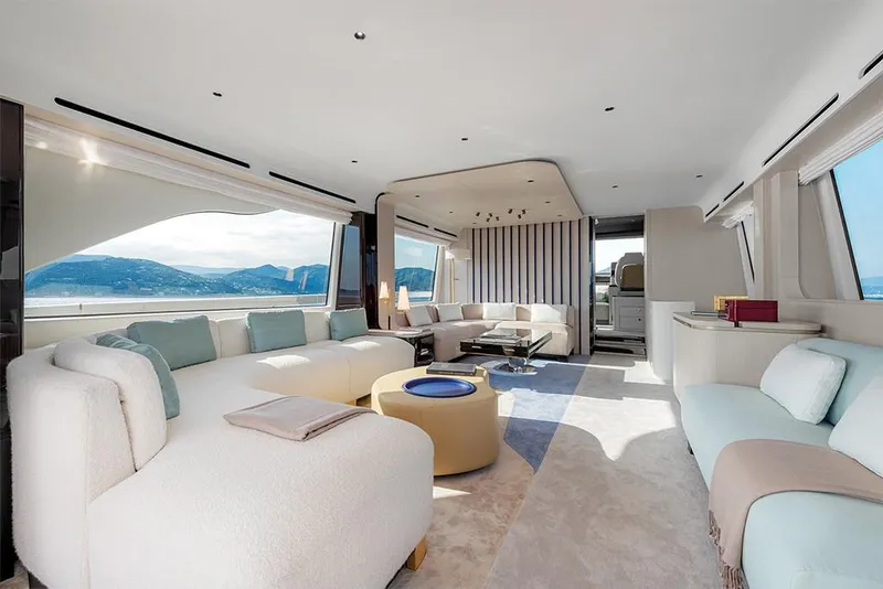 Slide: The Image of Luxurious interior of 2023 Azimut 78 yacht with panoramic windows and modern furnishings. - 10