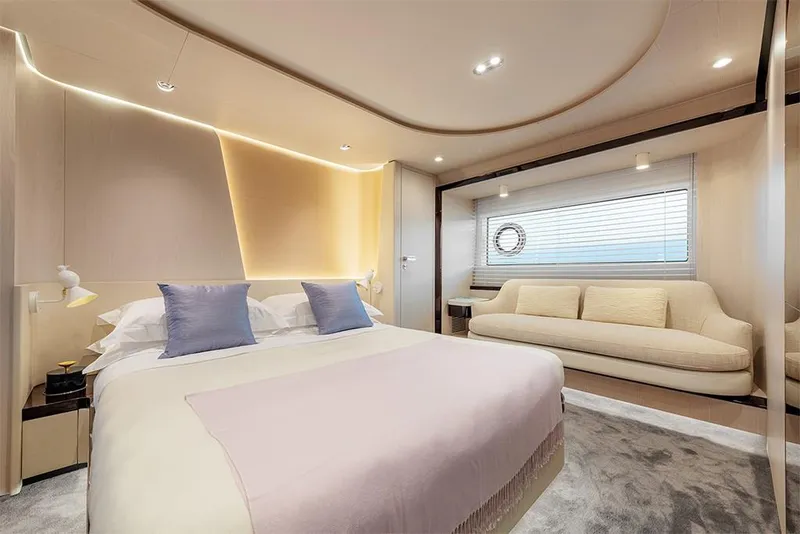 Slide: The Image of Luxurious bedroom interior of 2023 Azimut 78 yacht with modern design and cozy furnishings. - 11