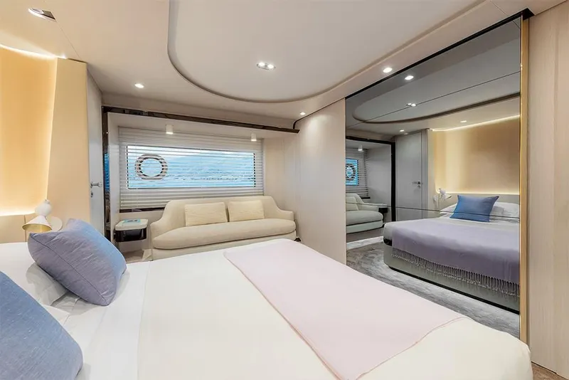 Slide: The Image of Luxurious bedroom interior of 2023 Azimut 78 yacht with modern design and elegant furnishings. - 12