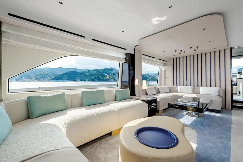 Slide: The Image of Luxurious interior of 2023 Azimut 78 yacht with panoramic windows and modern furnishings. - 8
