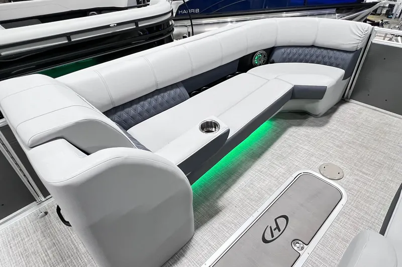 Slide: The Image of Luxurious seating on 2022 Harris FloteBote SOLTHICE 250 pontoon boat with ambient lighting. - 12