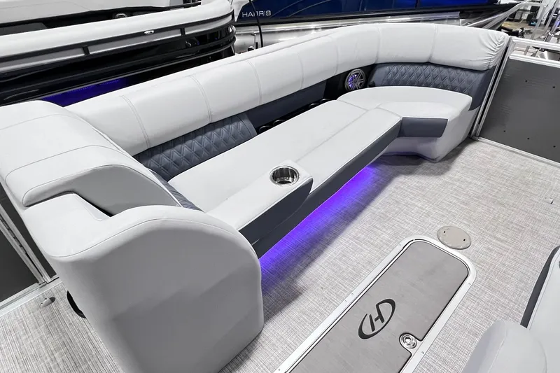 Slide: The Image of Luxurious seating on 2022 Harris FloteBote SOLTHICE 250 pontoon boat with ambient lighting. - 14