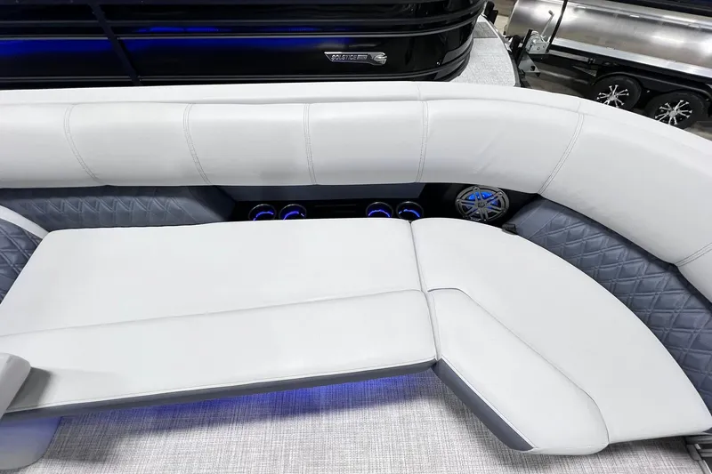 Slide: The Image of Luxurious seating on 2022 Harris FloteBote SOLTHICE 250 pontoon boat with ambient lighting. - 15