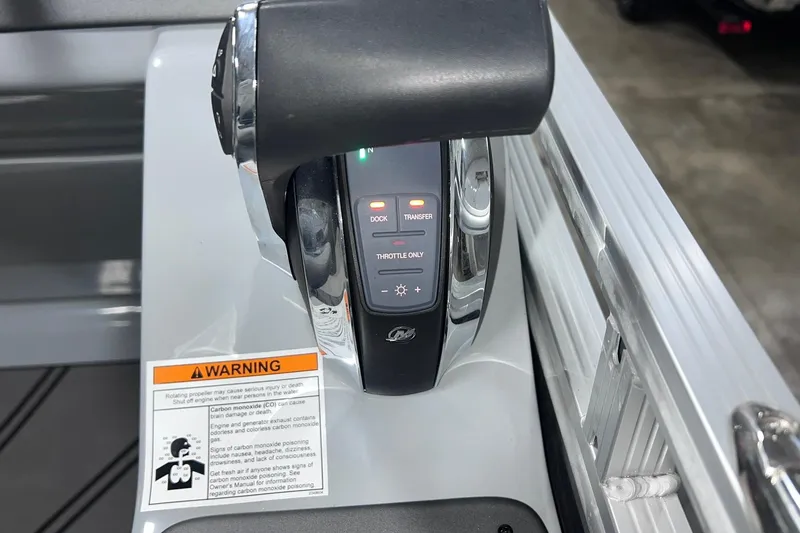 Slide: The Image of Control panel of 2022 Harris FloteBote SOLTHICE 250 with warning label and throttle lever. - 36