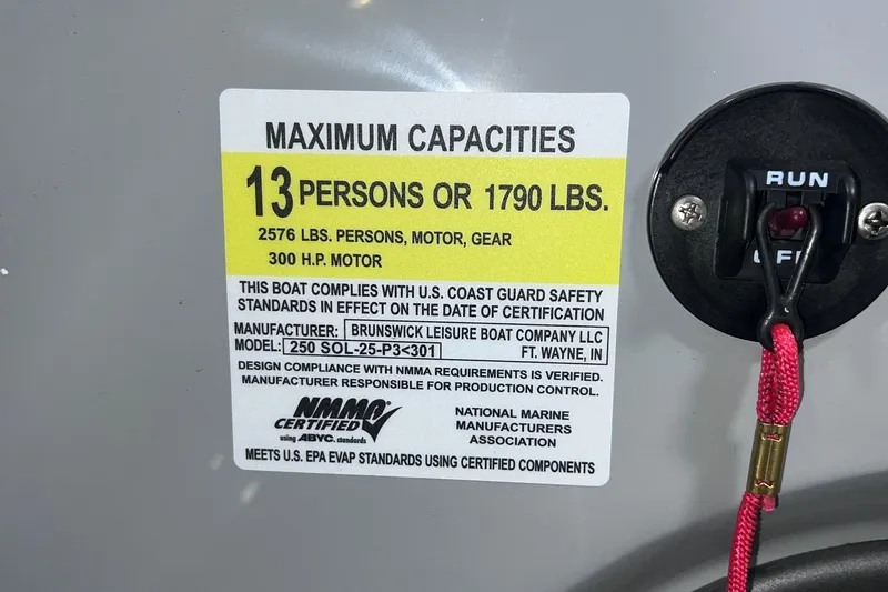 Slide: The Image of 2022 Harris FloteBote SOLTHICE 250 capacity label: 13 persons or 1790 lbs, 300 HP motor. - 38
