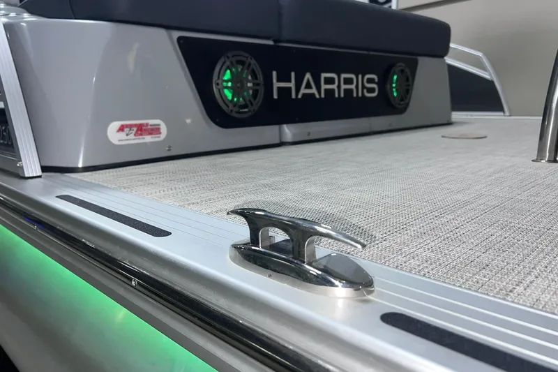 Slide: The Image of 2022 Harris FloteBote SOLTHICE 250 boat deck with cleat and speaker detail. - 49