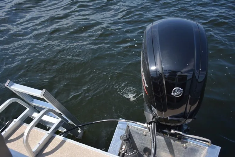 Slide: The Image of 2023 Starcraft LX 22 boat engine and ladder on water. - 23