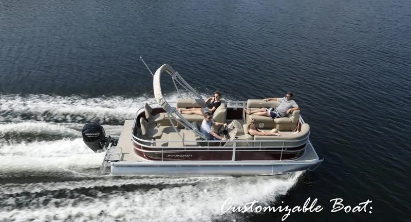 Slide: The Image of 2023 Starcraft LX 18 pontoon boat cruising on a lake with passengers. - 0