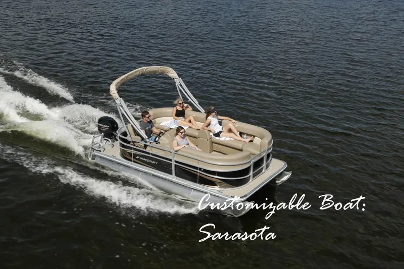 Slide: The Image of 2023 Starcraft LX 16 pontoon boat cruising on water, customizable in Sarasota. - 0
