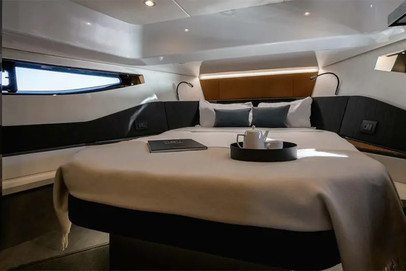Slide: The Image of Luxurious bedroom interior of 2023 Azimut Verve 47 yacht with modern design. - 22