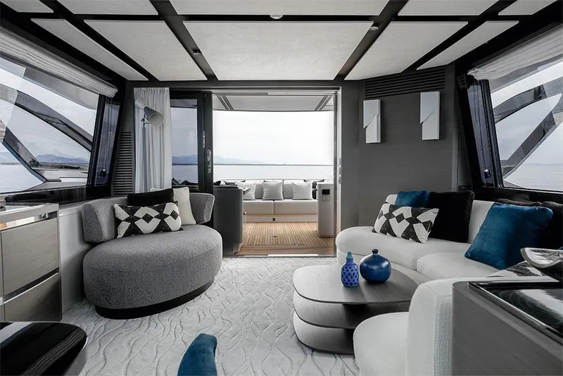 Slide: The Image of Luxurious interior of 2023 Azimut S8 yacht with modern furnishings and ocean view. - 10