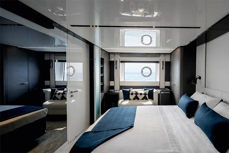Slide: The Image of Luxurious bedroom interior of 2023 Azimut S8 yacht with ocean view. - 14