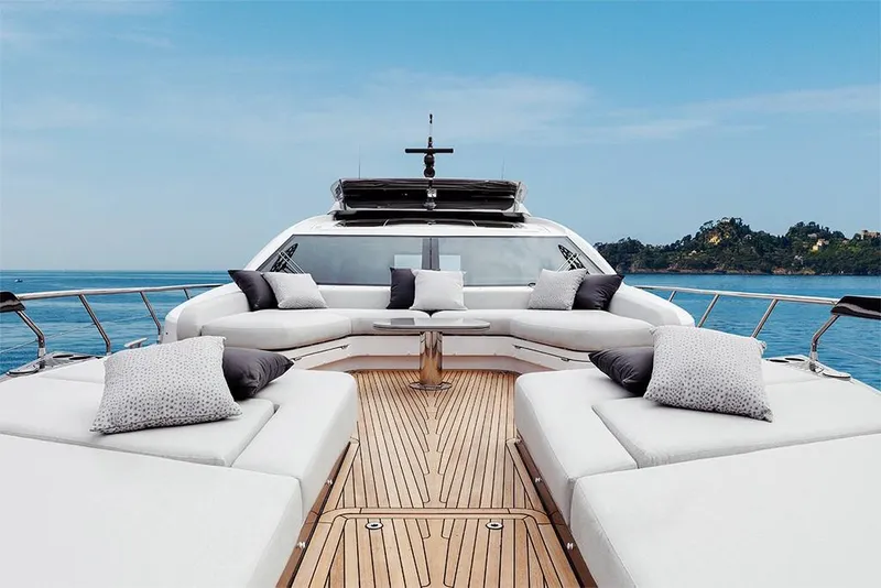 Slide: The Image of Luxurious deck of 2023 Azimut S8 yacht with plush seating and scenic ocean view. - 4