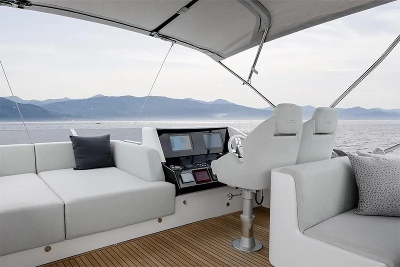 Slide: The Image of 2023 Azimut S8 yacht cockpit with modern seating and navigation controls. - 5