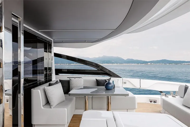 Slide: The Image of Luxurious deck of 2023 Azimut S8 yacht with ocean view and modern seating. - 6
