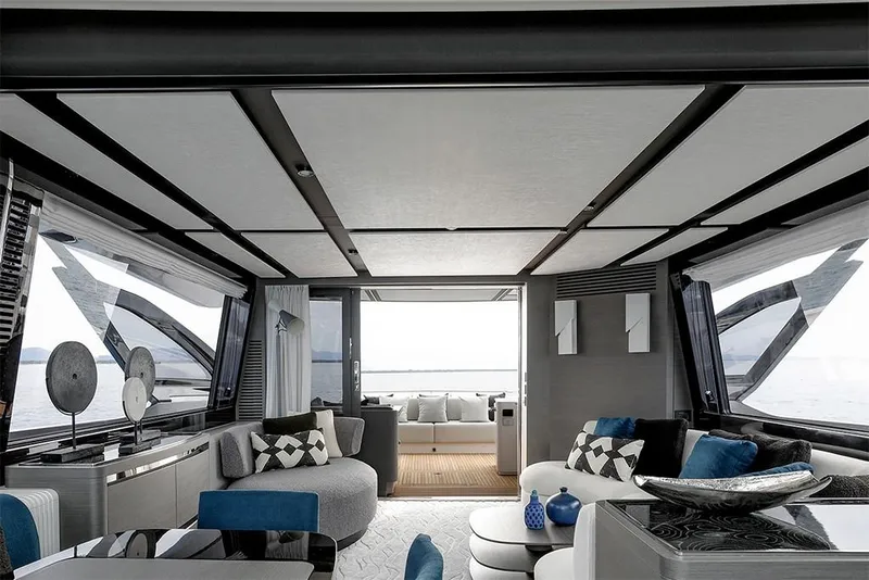 Slide: The Image of Luxurious interior of 2023 Azimut S8 yacht with modern furnishings and panoramic windows. - 8