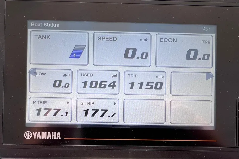 Slide: The Image of Yamaha boat status display showing fuel usage and trip details for 2002 Intrepid 366. - 11