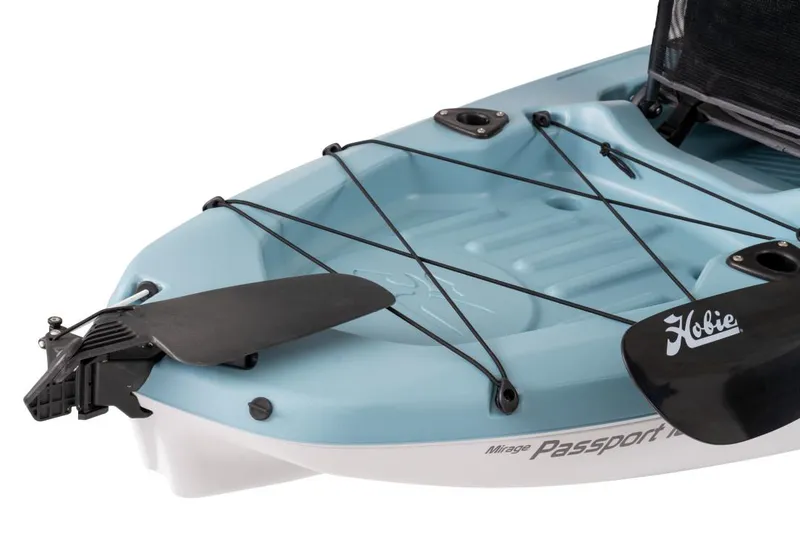 Slide: The Image of 2023 Hobie Mirage Passport 10.5 kayak, blue with black bungee cords and rudder. - 7