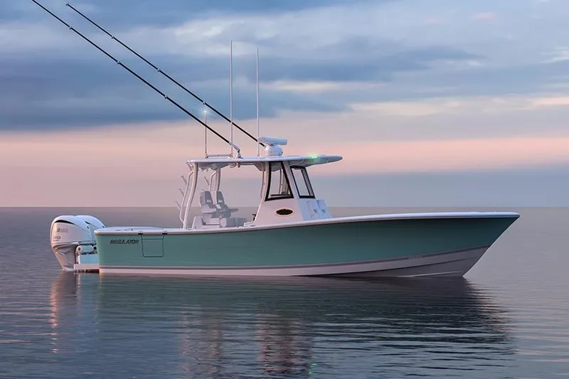 Slide: The Image of 2025 Regulator 31 boat on calm water at sunset, showcasing sleek design and twin engines. - 9