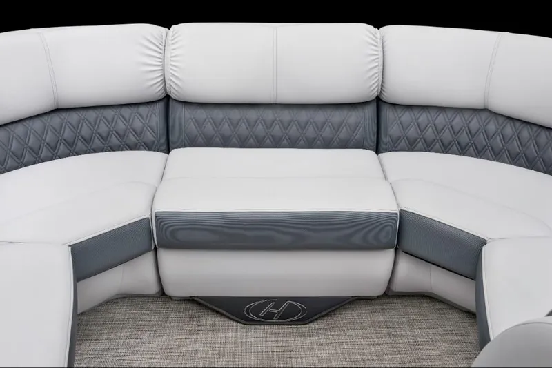 Slide: The Image of Luxurious seating on the 2022 Harris Solstice 230 pontoon boat with diamond-stitched upholstery. - 11
